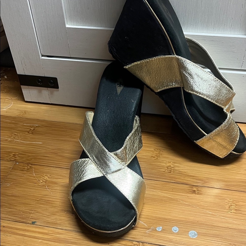 Volatile Gold Cross-Strap Wedge Sandals